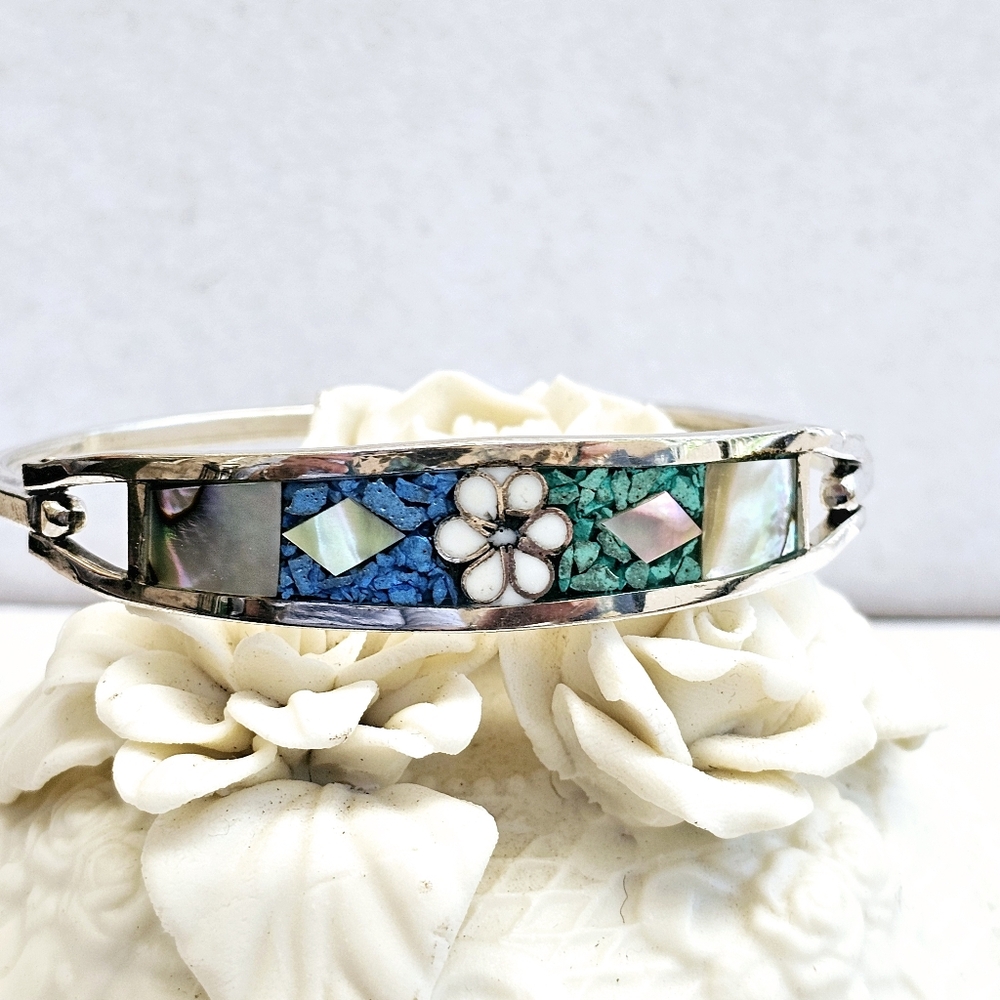 Mexico 925 Inlaid Gemstone Hinged Bracelet Michoan 925 - Picture 5 of 14
